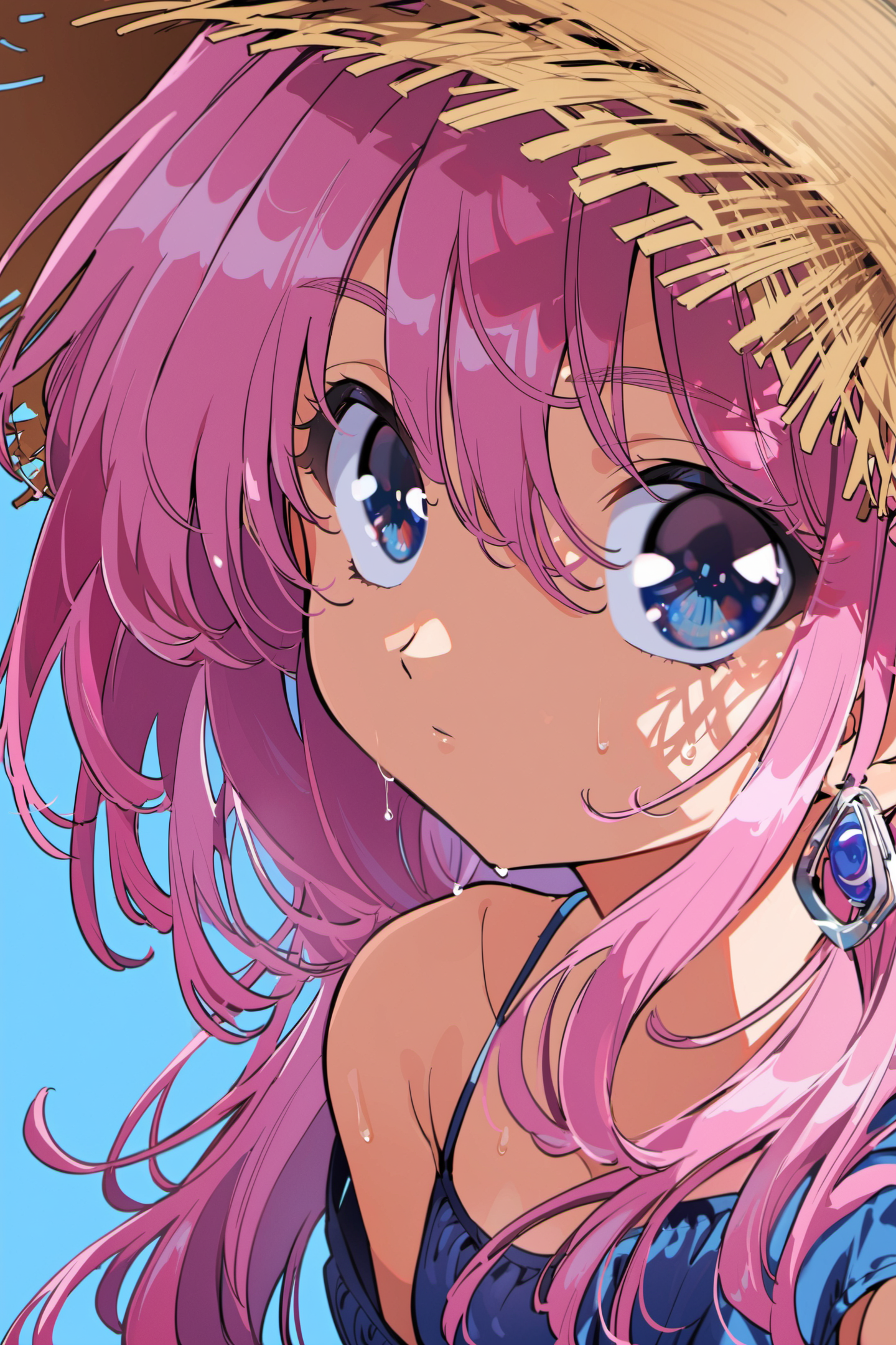 24763-2453612160-1girl,solo,jewelry,earrings,straw hat,hat,looking at viewer,blue eyes,pink hair,blue background,purple hair,long hair,portrait,h.png